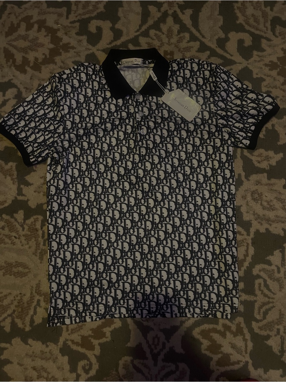 Dior White Polo with Navy All-Over Logo